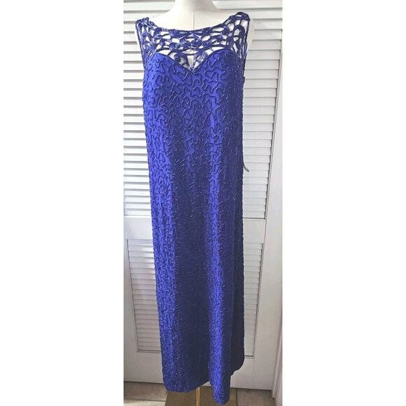 NWT Riva Designs 100% Silk Royal Blue Beaded‎ Backless Gown Dress 10 12 14 16 - Picture 2 of 9